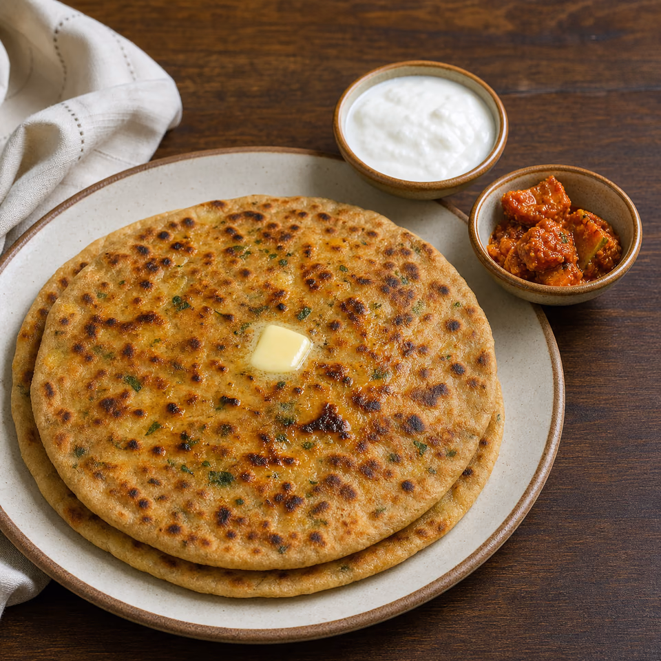 AI-generated menu concept: aloo paratha with curd